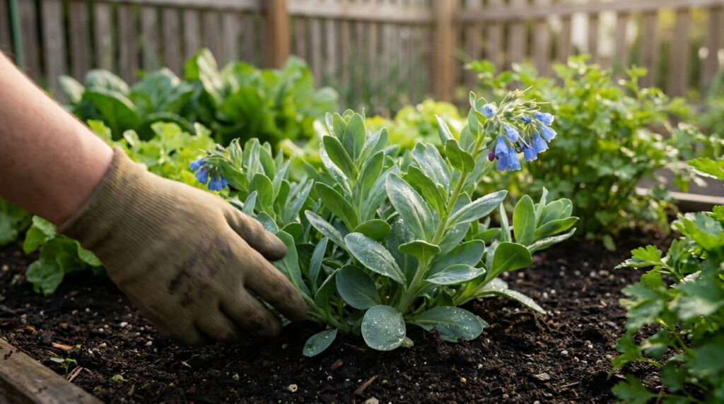 Réussir la culture de la plante huître dans votre jardin Une main gantée touche une plante huître avec des fleurs bleues et des feuilles charnues dans un potager.