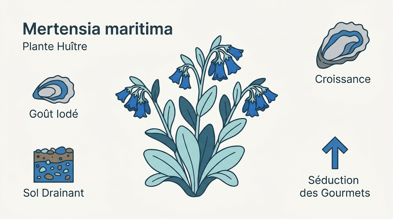 Feuillage bleuté et fleurs de la plante huître Mertensia maritima