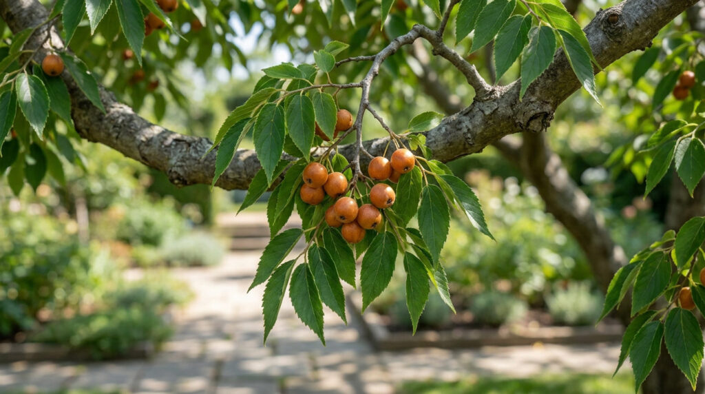 Tout savoir sur le Celtis australis, l’arbre aux micocoules Gros plan sur les fruits ronds et orangés d'un micocoulier de Provence suspendus à une branche feuillue.