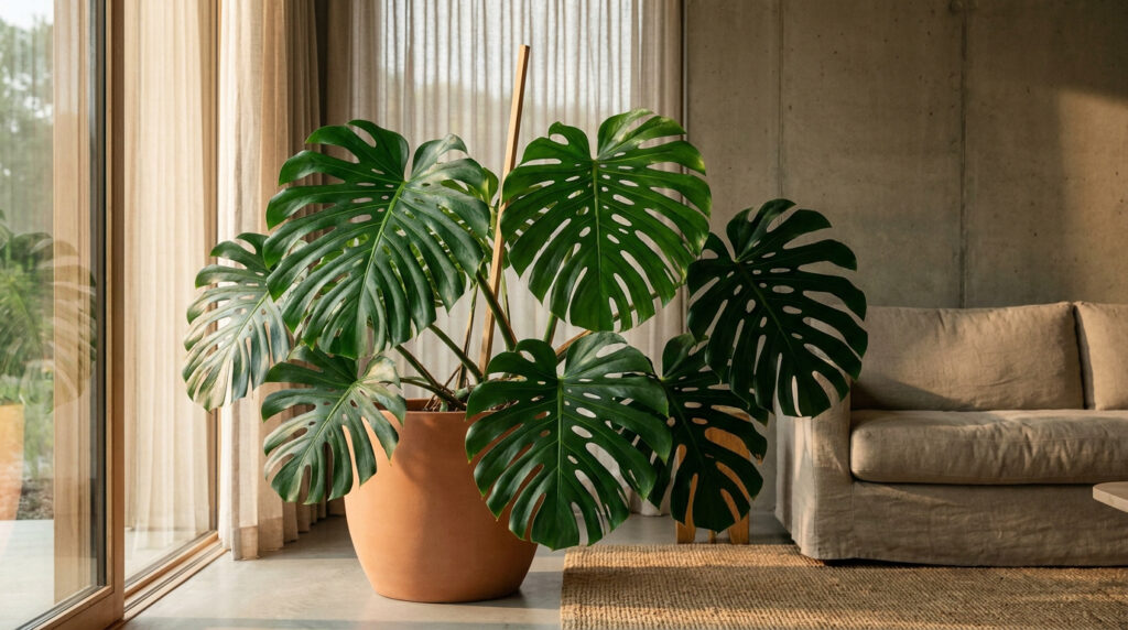 Une grande plante Monstera Deliciosa en pot en terre cuite dans un salon lumineux et moderne.