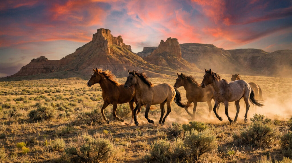 Un troupeau de chevaux mustang galopant dans une plaine aride avec des montagnes sous un ciel couchant.