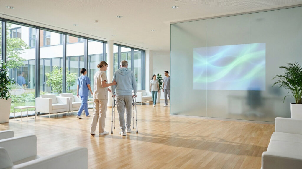 Une soignante aide un patient âgé à marcher avec un déambulateur dans le hall moderne et lumineux de l'Hôpital Goüin.