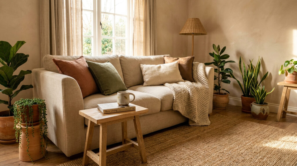 Salon lumineux avec canapé beige, plantes d'intérieur et décorations naturelles dans des tons terreux et neutres.