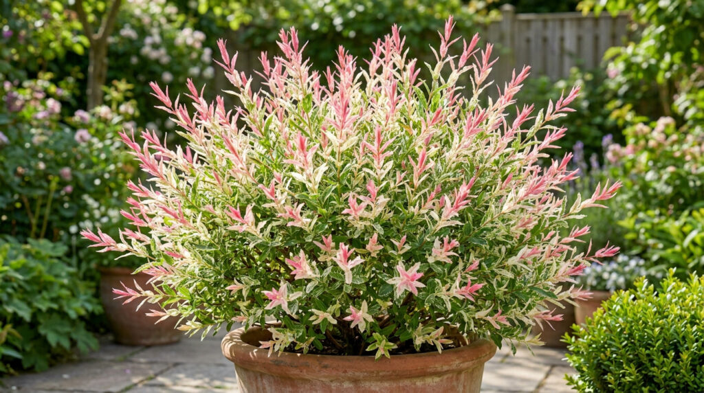 Réussir la culture du saule crevette pour un jardin coloré Un saule crevette en pot avec un feuillage panaché rose et blanc dans un jardin ensoleillé.