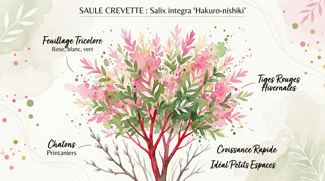 Saule crevette en pot montrant son feuillage tricolore rose et blanc