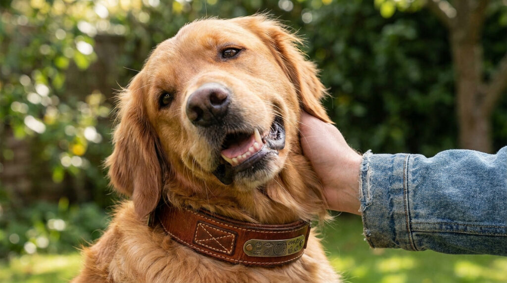 Un golden retriever heureux portant un collier en cuir personnalisé avec une plaque gravée, caressé par une main.