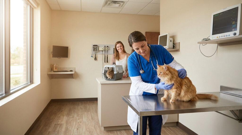 Clinique vétérinaire à Châtenay-Malabry : soins et urgences Une vétérinaire examine un chat roux sur une table d'examen avec une cliente et son lapin en arrière-plan.