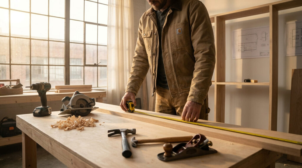 Un menuisier utilise un mètre ruban pour mesurer une planche de bois sur un établi avec des outils manuels et électriques.