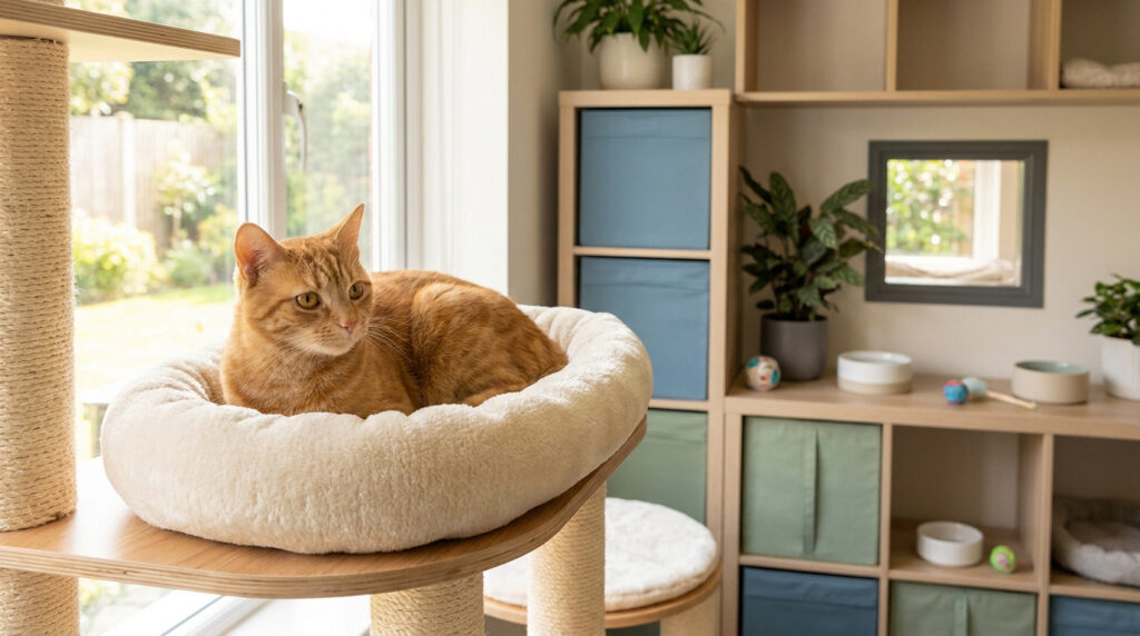 Réussir sa première expérience en pension chat débutant Un chat roux paisible est allongé dans un panier moelleux sur un arbre à chat près d'une fenêtre lumineuse.