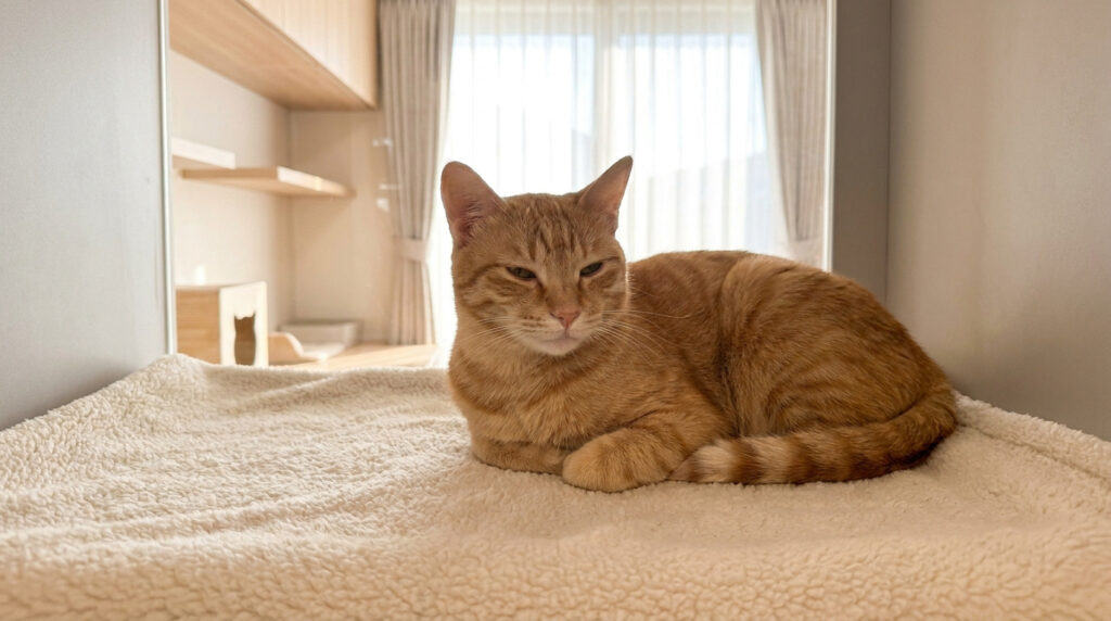 Chat roux couché confortablement sur une couverture moelleuse dans une pension pour chats lumineuse.