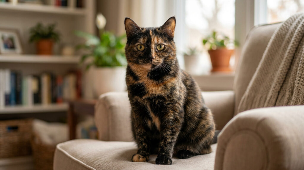 Un chat écaille de tortue assis sur un fauteuil beige dans un salon chaleureux avec des plantes en arrière-plan.