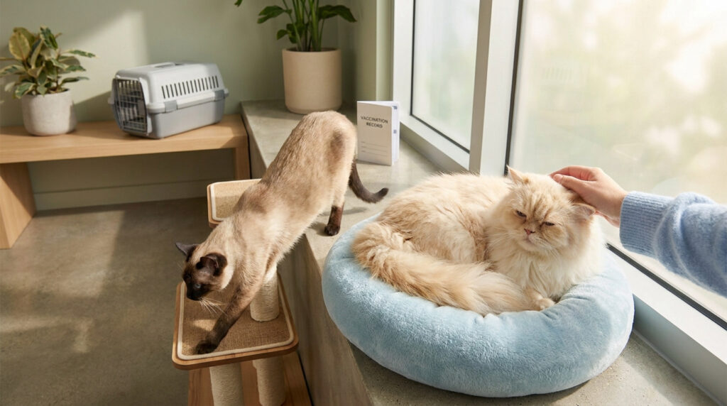 Deux chats dans une pension lumineuse, l'un s'étire sur un griffoir et l'autre est caressé dans un panier douillet.