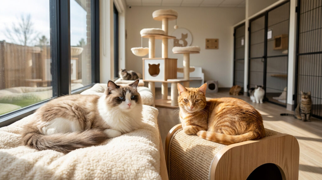 Quelle pension chat à Colmar choisir pour votre félin ? Chats confortablement installés dans une pension féline lumineuse et moderne avec arbre à chat et espaces de repos.