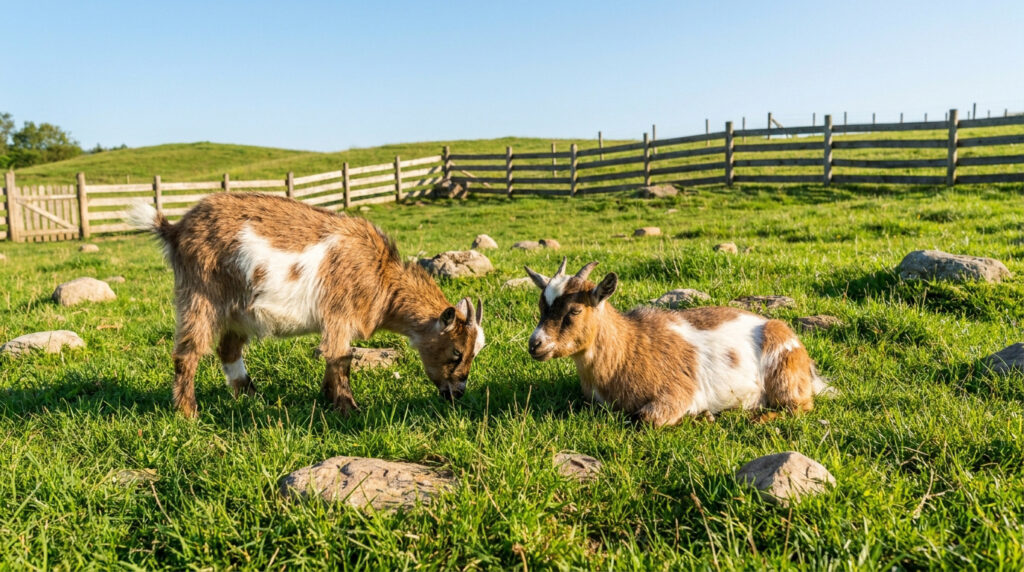 Deux chèvres naines tachetées de brun et blanc dans un pâturage verdoyant avec une clôture en bois au fond.