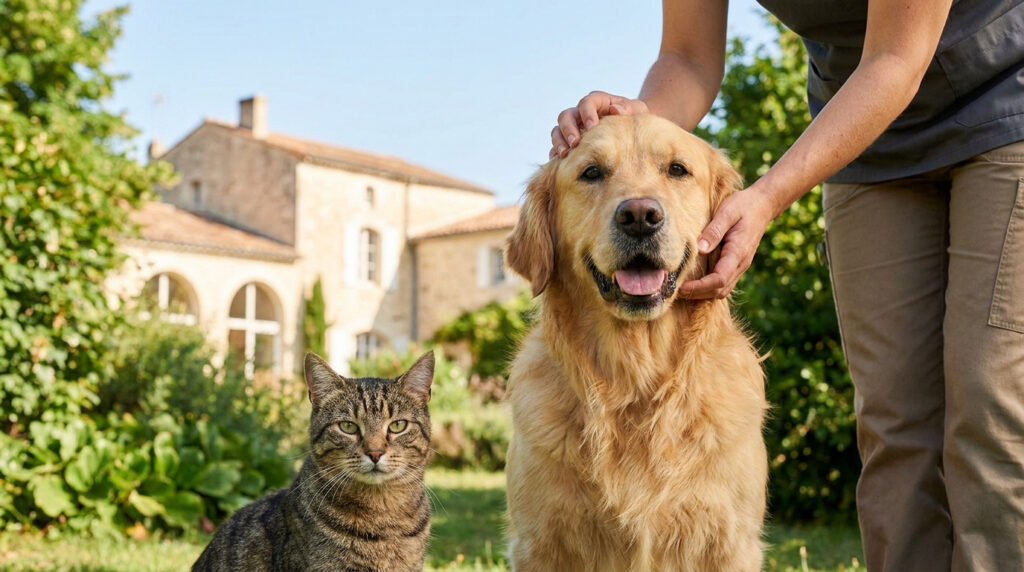 Comment choisir la meilleure garde animaux à La Rochelle ? Un pet-sitter caresse un Golden Retriever à côté d'un chat dans un jardin devant une maison.