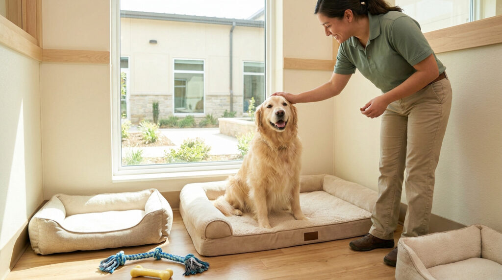 Réussir son premier séjour en pension pour animaux Une employée caresse un Golden Retriever assis confortablement dans une pension pour animaux lumineuse.