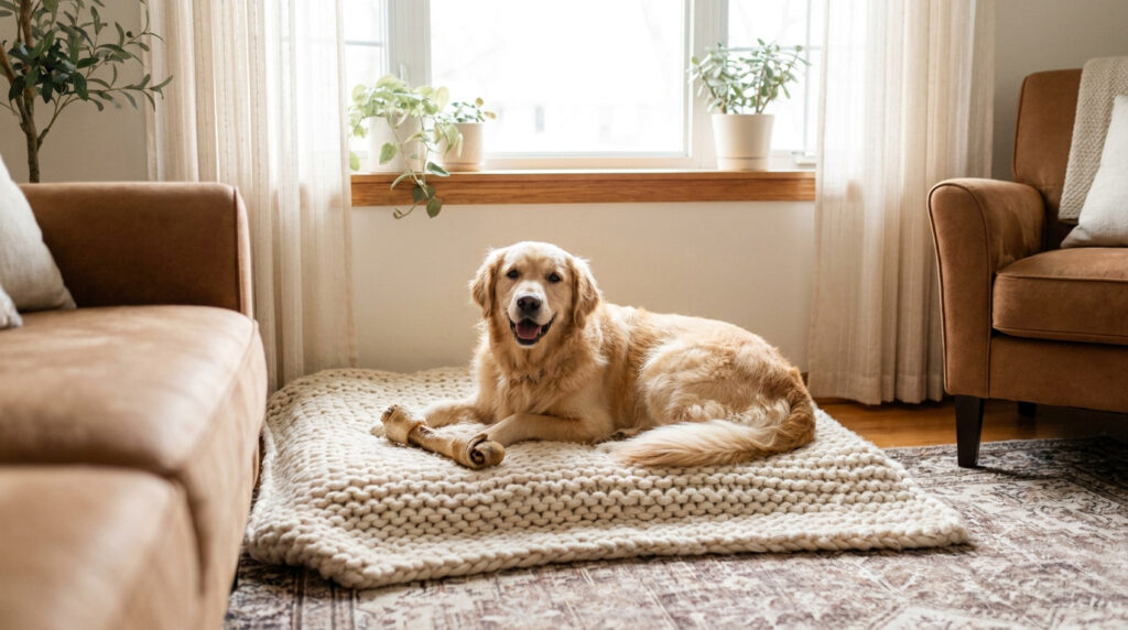 Un golden retriever heureux couché sur un tapis en laine beige dans un salon lumineux, un os à mâcher devant lui.