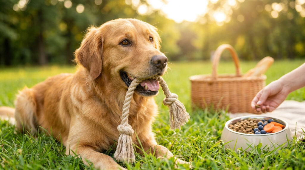 Bien-être et santé sur Truffe et Compagnie com blog animaux Un Golden Retriever heureux tient une corde de jeu dans la bouche lors d'un pique-nique dans l'herbe au coucher du soleil.
