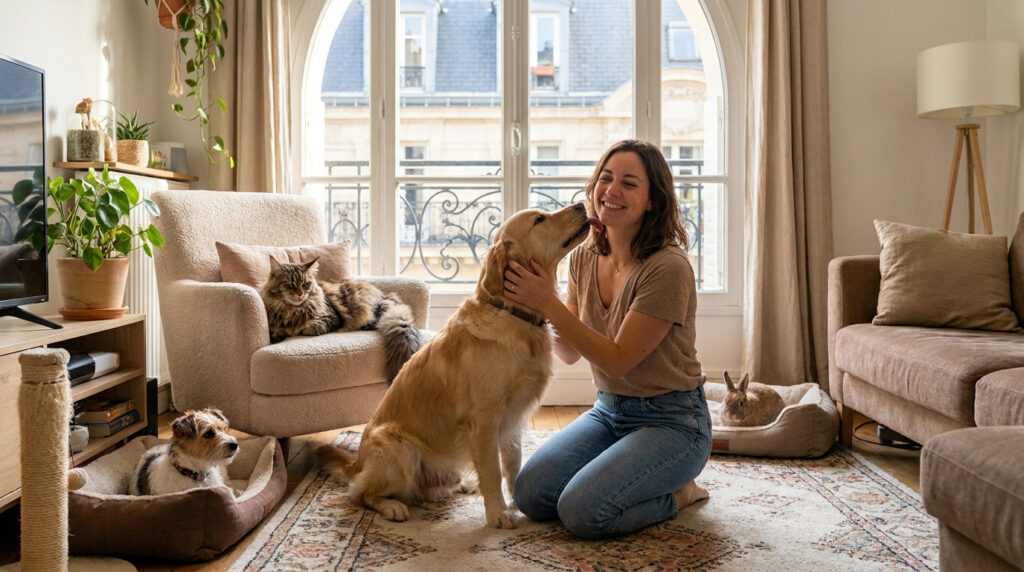 Garde animaux Reims : trouvez le mode de garde idéal Une femme souriante entourée de ses animaux de compagnie dans un salon lumineux à Reims.