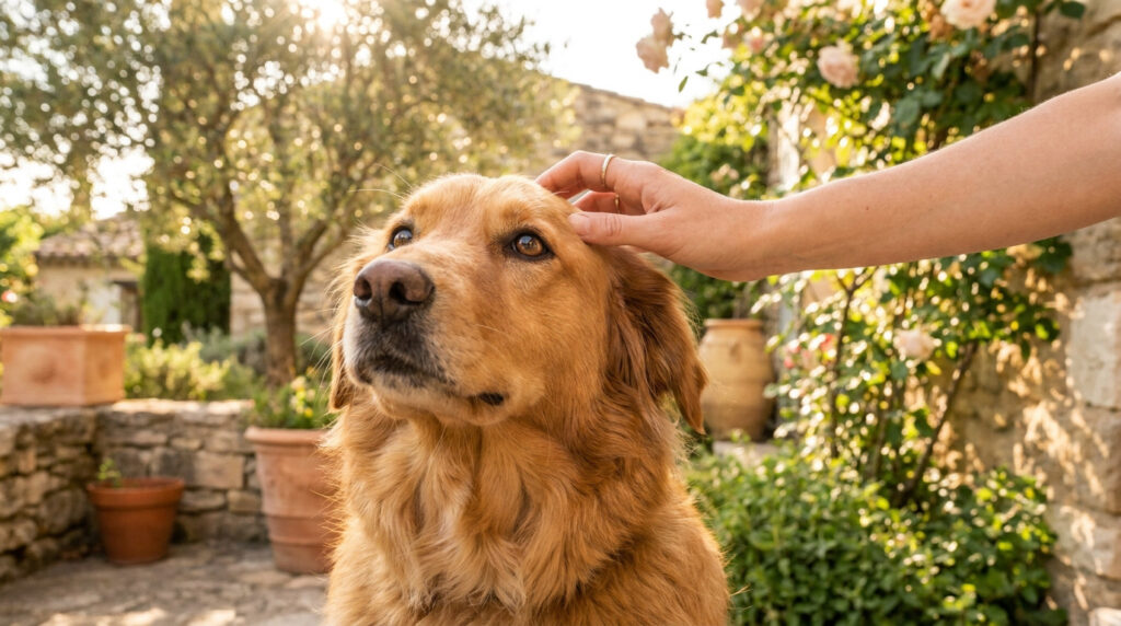 Comment choisir la meilleure garde de chien à Orange ? Une main caresse la tête d'un Golden Retriever dans un jardin ensoleillé à Orange.