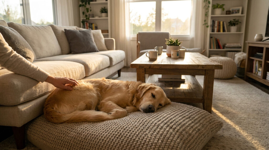 Spa à Angers : bien-être et adoptions à la SPAA Un chien golden retriever dort sur un coussin au sol pendant qu'une personne lui caresse le dos dans un salon.
