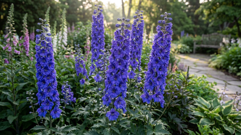 Gros plan sur des fleurs de delphinium bleu vif dressées dans un jardin ensoleillé.