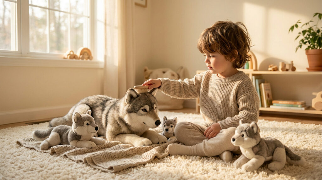 Quelle peluche loups choisir pour l’éveil de votre enfant ? Un jeune enfant assis sur un tapis brosse une peluche loup entouré d'autres peluches loups dans une chambre lumineuse.