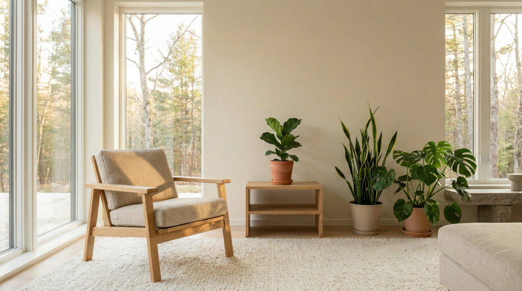 Un fauteuil en bois clair et des plantes vertes dans un salon lumineux aux murs beiges et grandes baies vitrées.