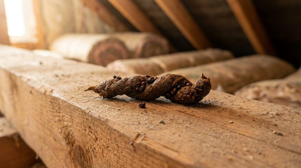 Identifier et nettoyer une crotte de fouines chez vous Excréments de fouine torsadés contenant des pépins de fruits, posés sur une poutre en bois dans un grenier.