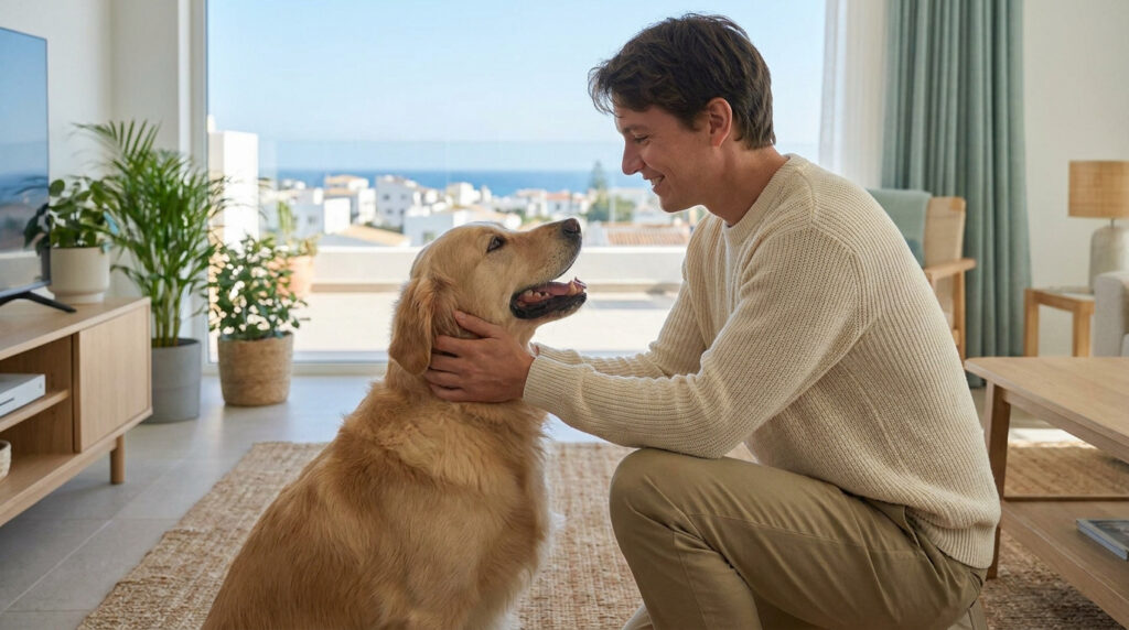 Garde animaux dunkerque : les meilleures solutions en 2026 Un homme souriant caresse son golden retriever dans un salon lumineux avec vue sur la mer.