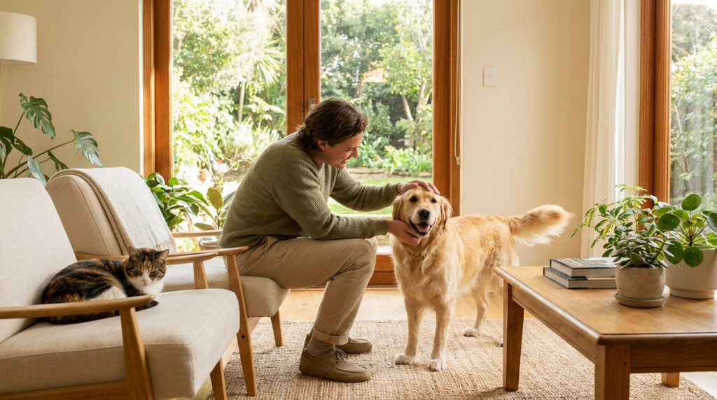 Garde animaux à Hattigny : trouvez le pet sitter idéal Un homme caresse un Golden Retriever dans un salon lumineux avec un chat couché sur un fauteuil à côté.