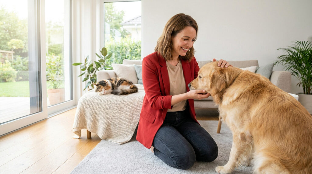 Une femme souriante en veste rouge caresse un golden retriever à côté d'un chat endormi dans un salon lumineux.