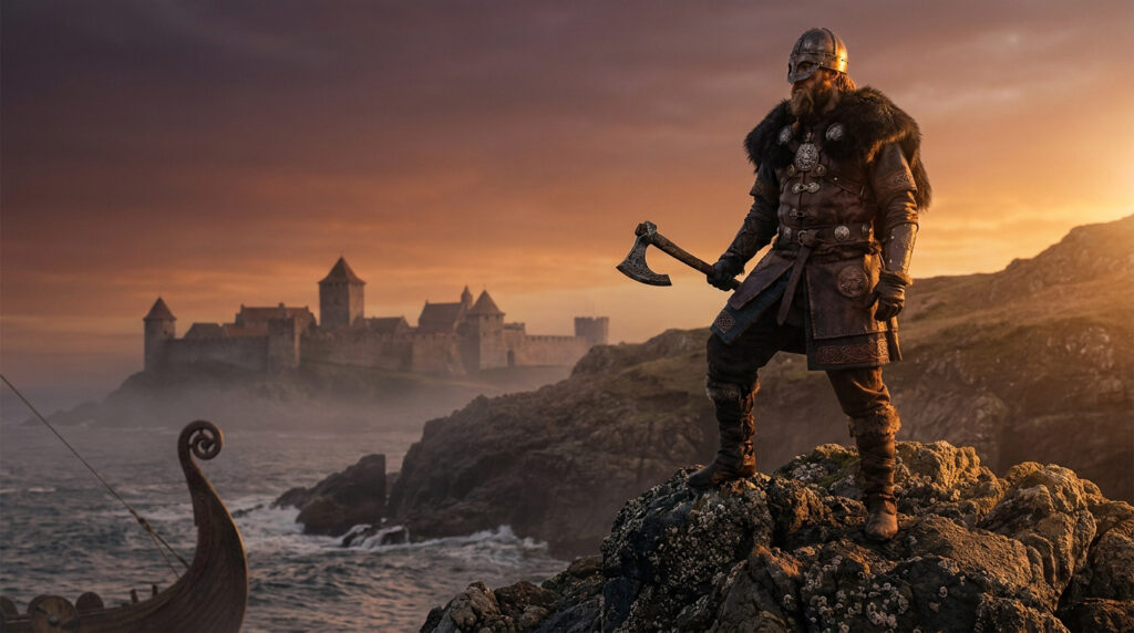 Un guerrier viking en armure et casque tenant une hache, debout sur une falaise face à un château au coucher du soleil.