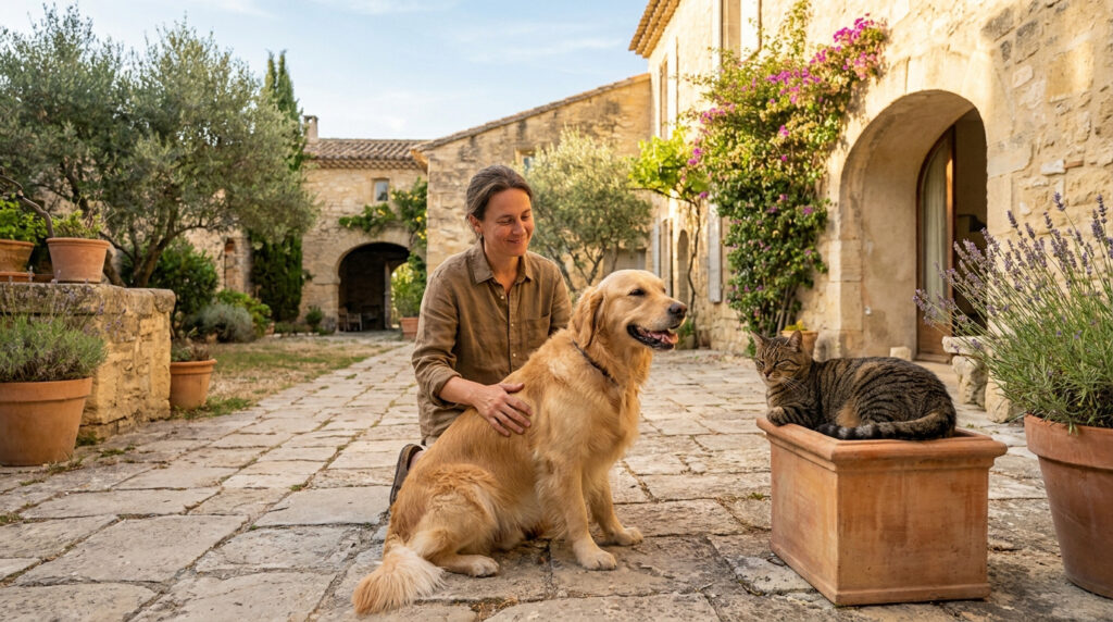 Une femme caresse son Golden Retriever dans la cour d'une demeure provençale, avec un chat assis sur un pot en terre.