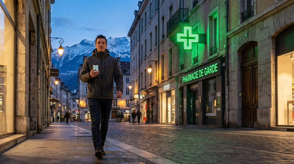 Trouver une pharmacie de garde à Grenoble : infos et numéros Un homme marche dans une rue de Grenoble le soir, cherchant une pharmacie de garde avec son smartphone.