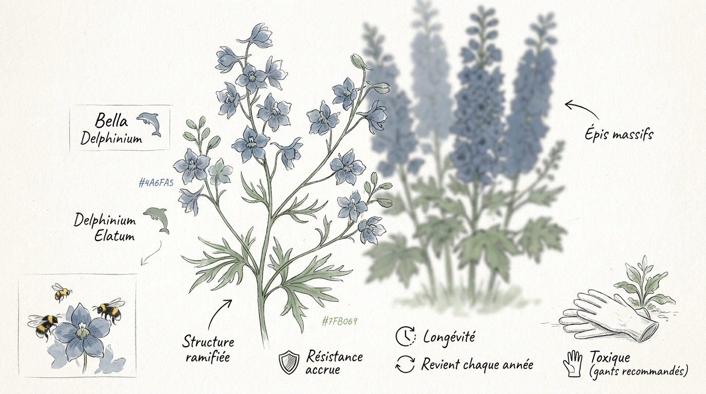 Illustration botanique d'un Delphinium Bella
