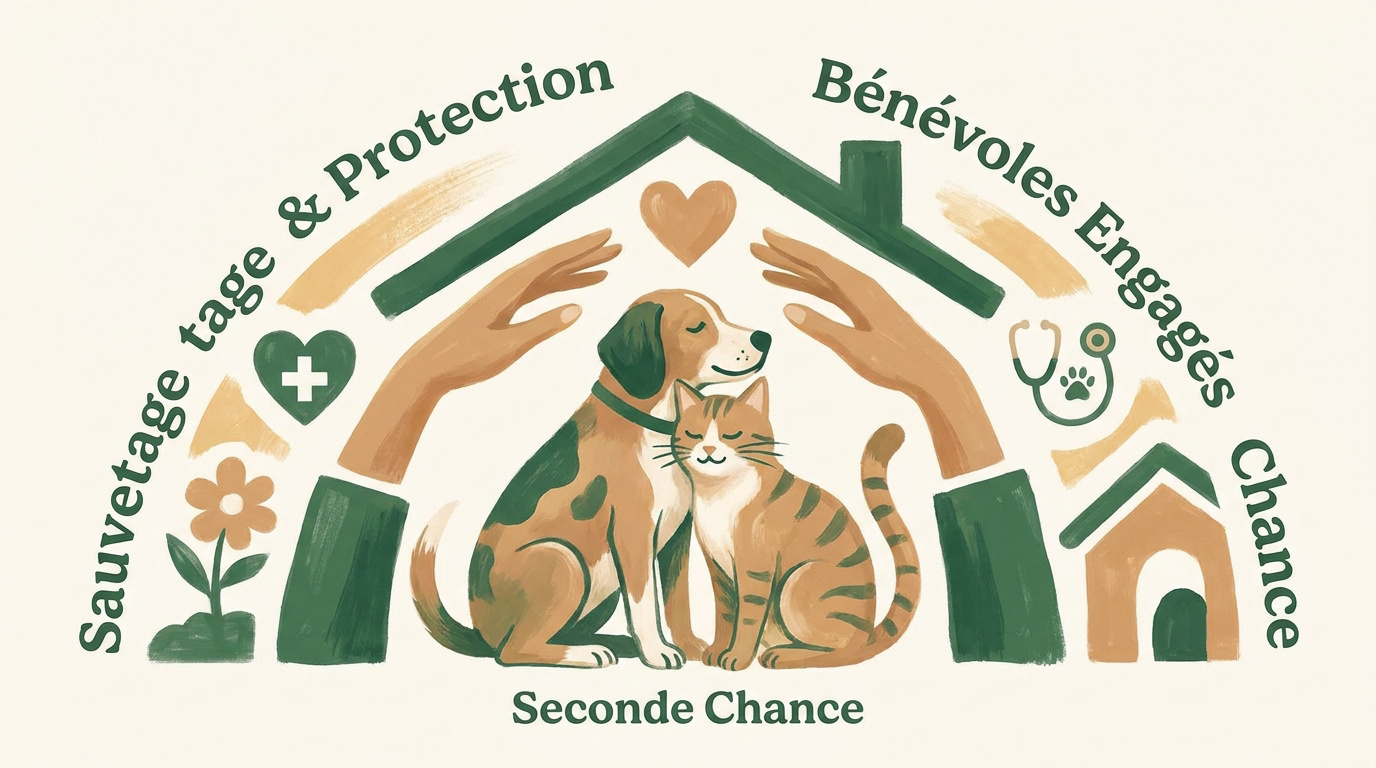Illustration d'un refuge pour animaux accueillant avec des chiens et des chats