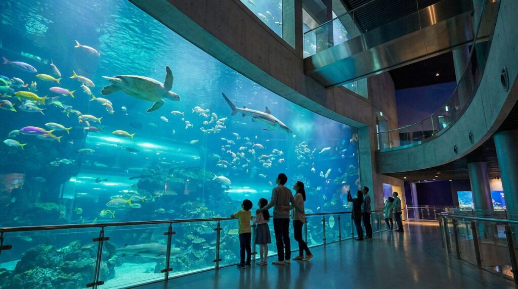 Des visiteurs admirent une immense baie vitrée avec une tortue et un requin à l'Aquarium de La Rochelle.