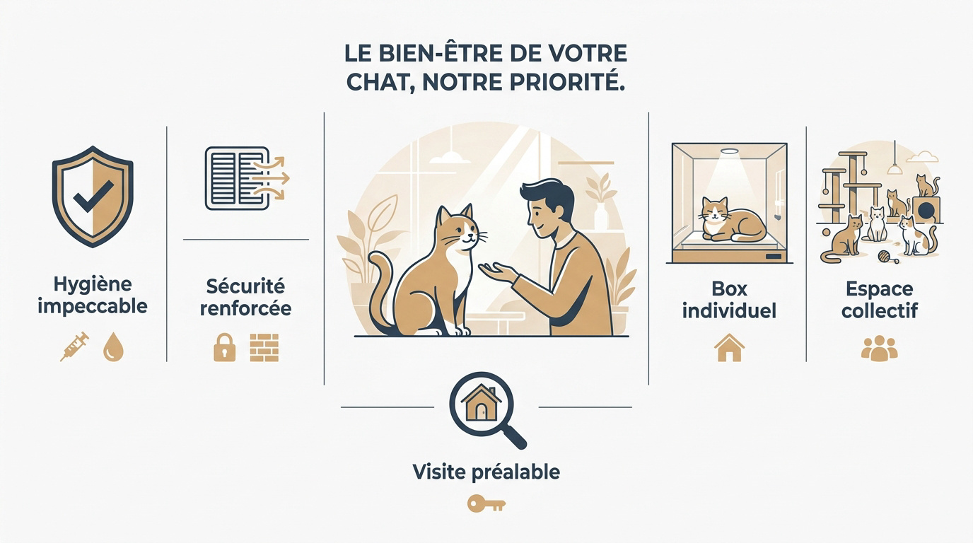 Infographie sur les critères de bien-être et de sécurité pour un chat en pension