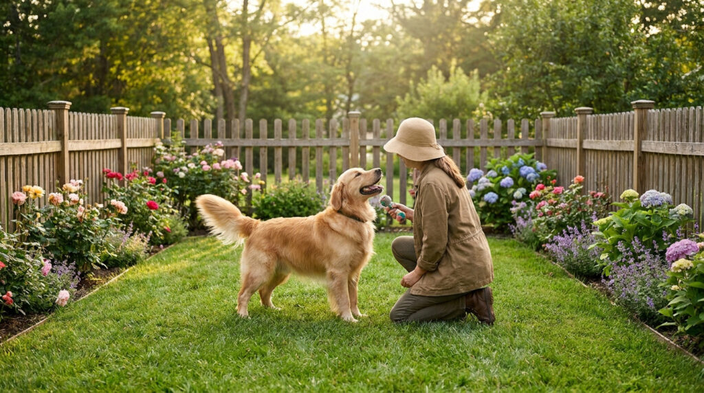 Comment choisir une garde animaux deauville de confiance ? Une femme avec un chapeau joue avec un golden retriever dans un jardin fleuri et clôturé à Deauville.