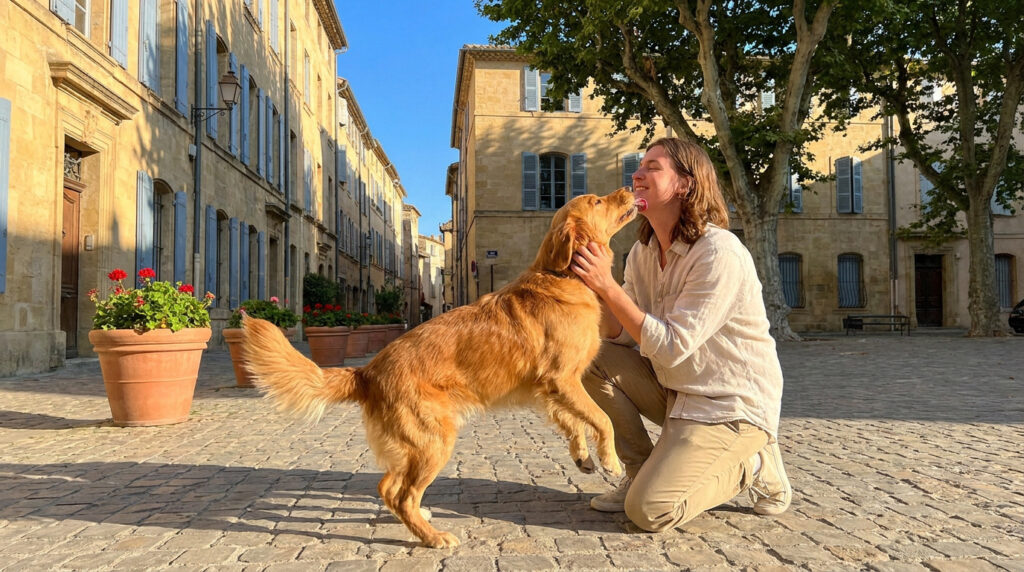 Quelle garde de chien à Aix-en-Provence choisir en 2026 ? Une personne joue avec un Golden Retriever sur une place pavée ensoleillée à Aix-en-Provence.