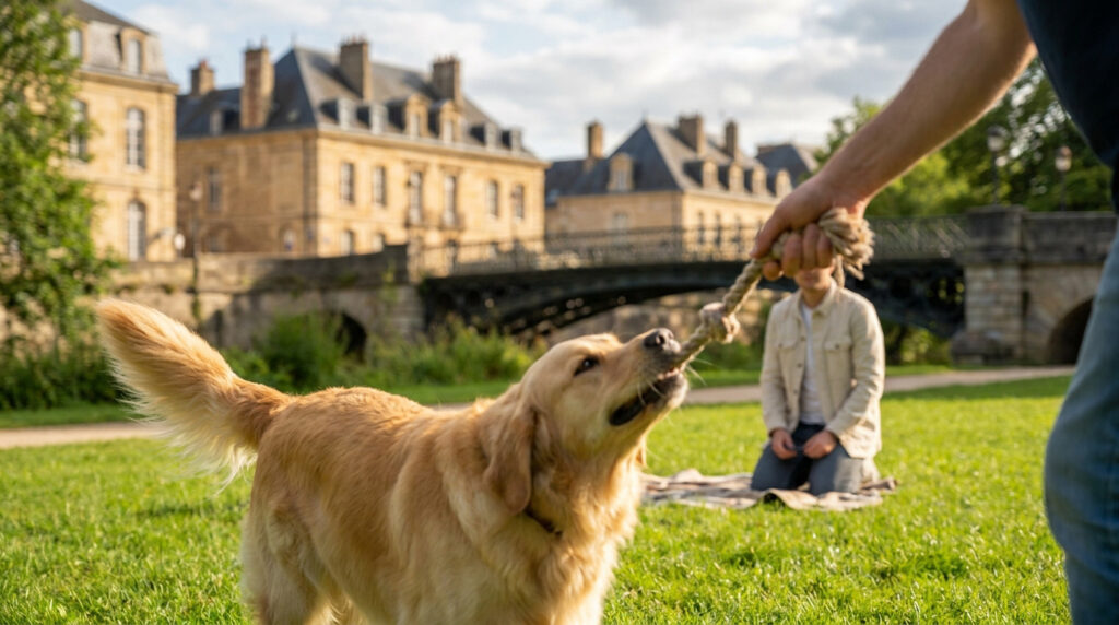 Golden Retriever jouant avec une corde dans un parc à Tours avec un bâtiment historique en arrière-plan.