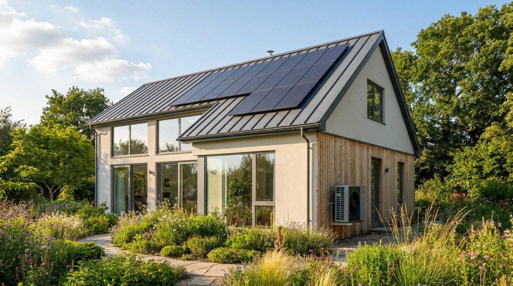 Optimiser votre habitatfuturvert.fr : audit et rénovation Maison moderne et durable équipée de panneaux solaires et d'une pompe à chaleur au milieu d'un jardin fleuri.