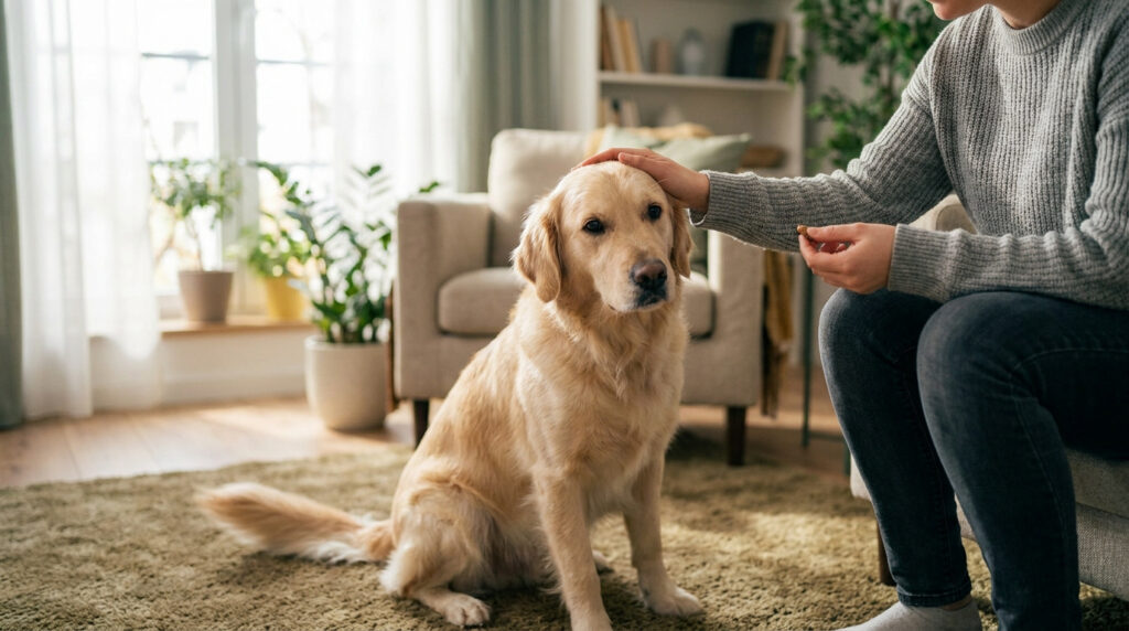 Garde chien au Mans : trouvez le pet sitter idéal Une personne caresse un golden retriever assis sur un tapis dans un salon lumineux.