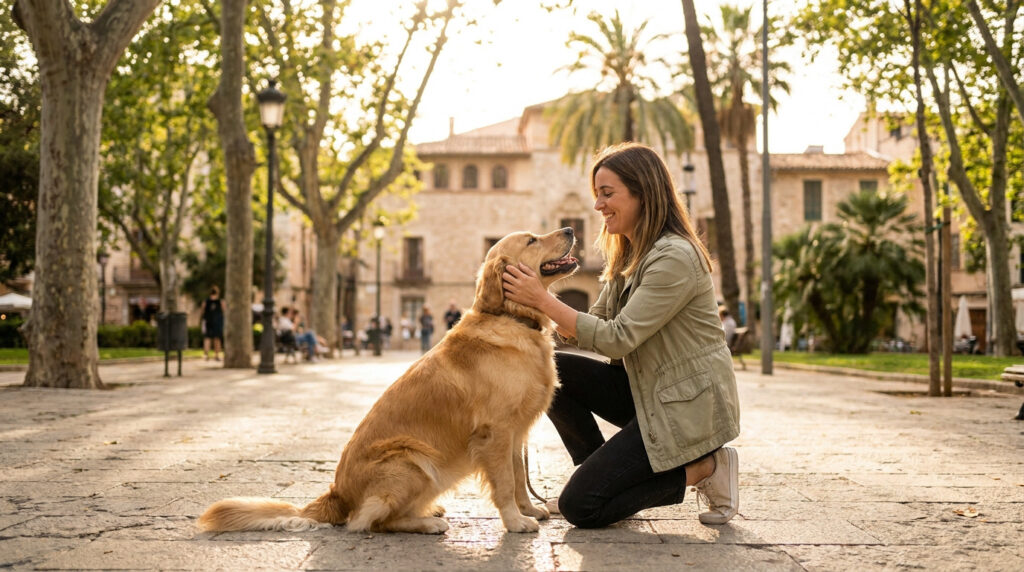 Garde animaux Perpignan : votre pet-sitter idéal en 2026 Une femme souriante caresse son Golden Retriever sur une place ensoleillée de Perpignan.