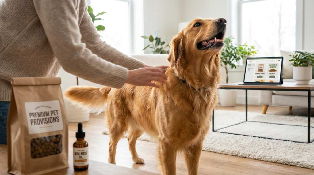 Chronovet : le service expert pour vos soins vétérinaires Un propriétaire caresse son chien doré à côté de produits de soin et d'une tablette affichant un site vétérinaire.