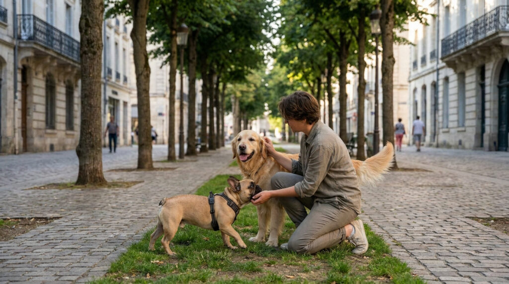 Trouver la meilleure garde de chien à Orléans en 2026 Une personne s'accroupit pour caresser un golden retriever et un bouledogue français sur une rue pavée à Orléans.