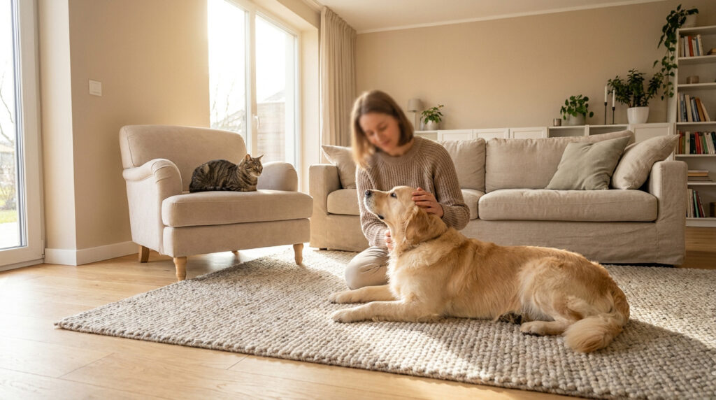 Une femme caressant un Golden Retriever sur un tapis dans un salon lumineux, avec un chat posé sur un fauteuil.