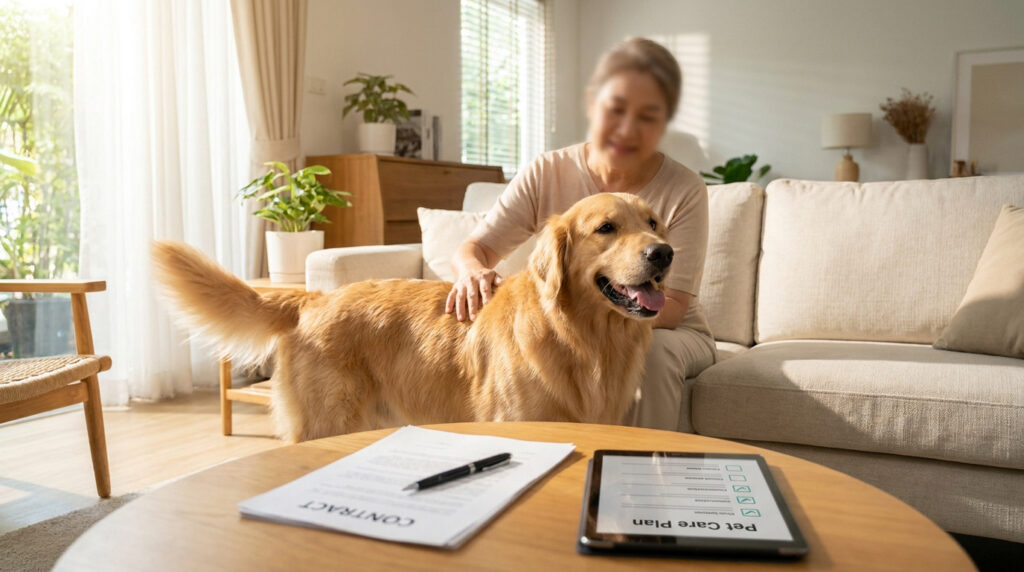 Quelle erreur garde animaux à éviter pour un séjour calme ? Une personne caresse un golden retriever à côté d'un contrat de garde d'animaux sur une table basse.