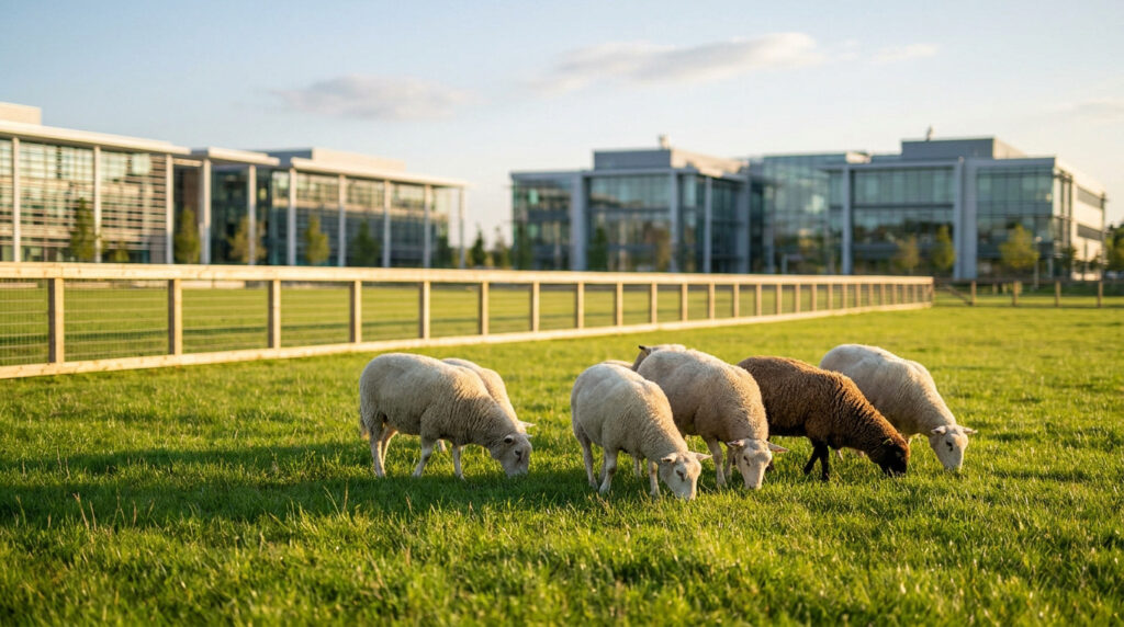 Troupeau de moutons broutant sur une pelouse devant des bâtiments de bureaux modernes.